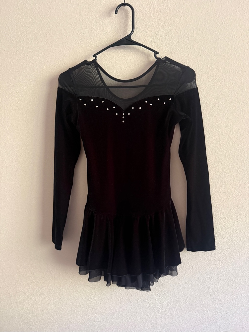 ChloeNoel Black Velvet Figure Skating Leotard Dress Rhinestone Mesh Adult S